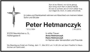 Traueranzeige von Peter Hetmanczyk von Pegnitz-Zeitung